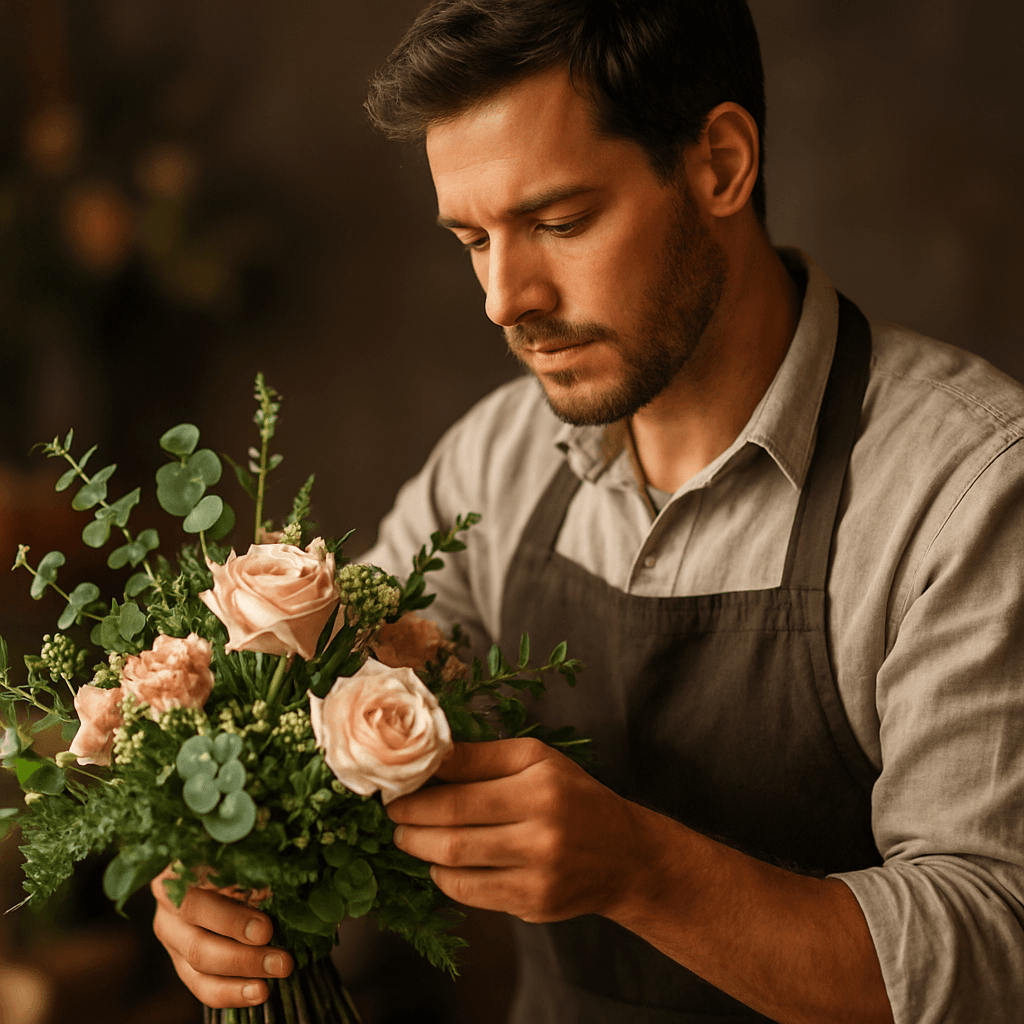 Maître fleuriste préparant un bouquet